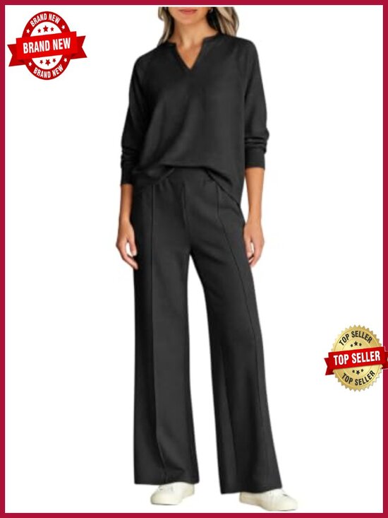 Pants - Women's 2 Piece Lounge Set - V Neck Top & Wide Leg Pants, Wrinkle-Free Travel